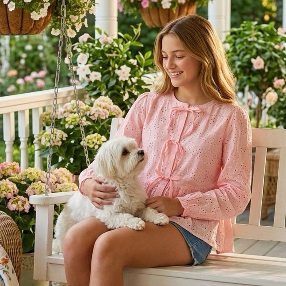 kirundo Tops - Eyelet Bows Pink Blouse